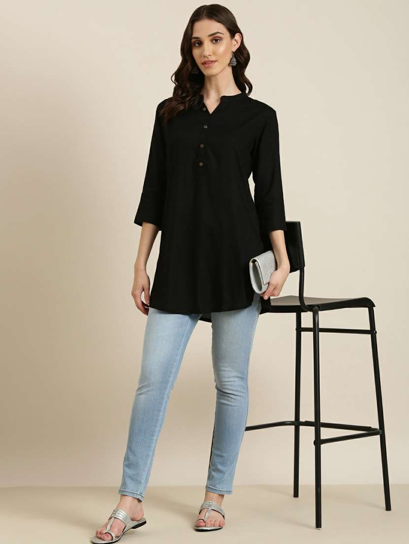 women's mandarin collar solid black straight kurti - 20251198 -  Standard Image - 3