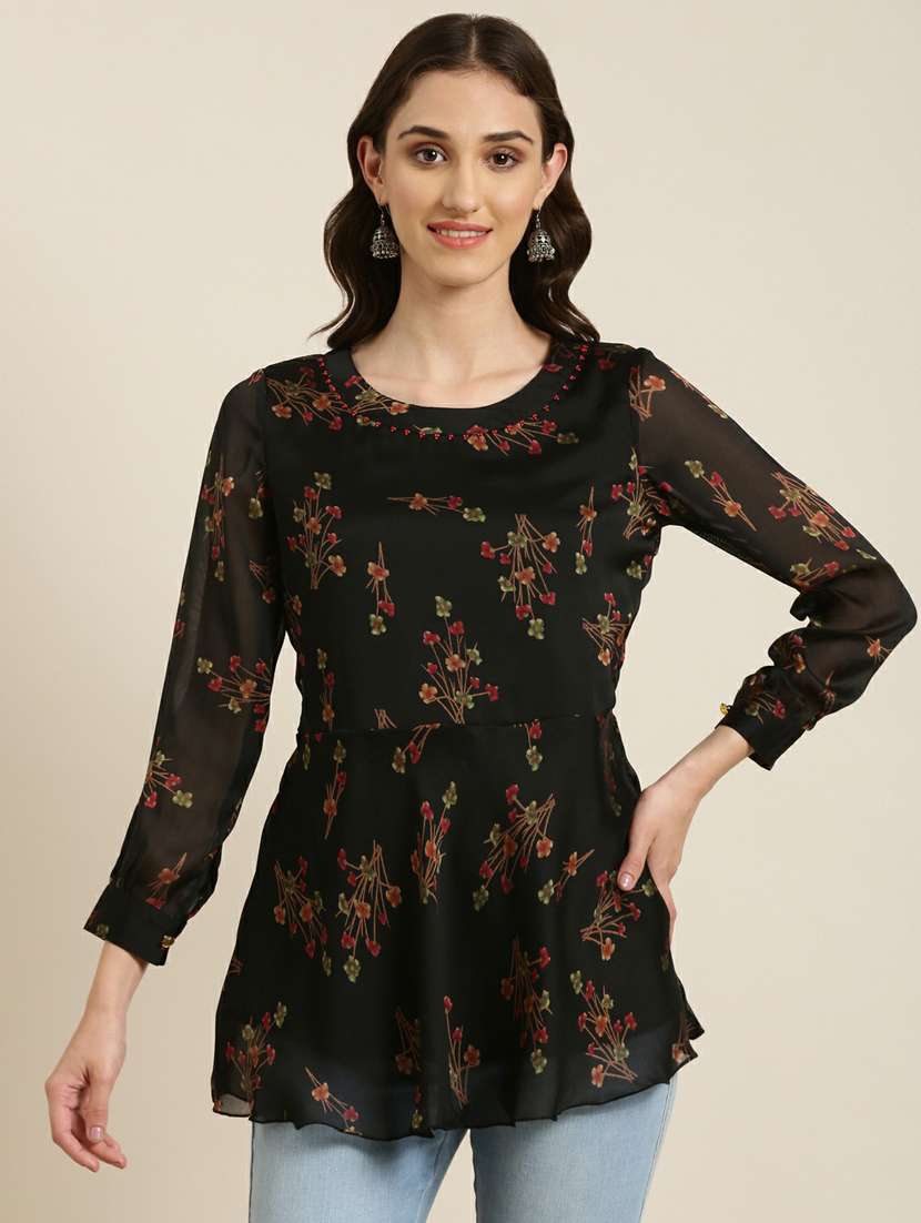 women black round neck floral a-line kurti