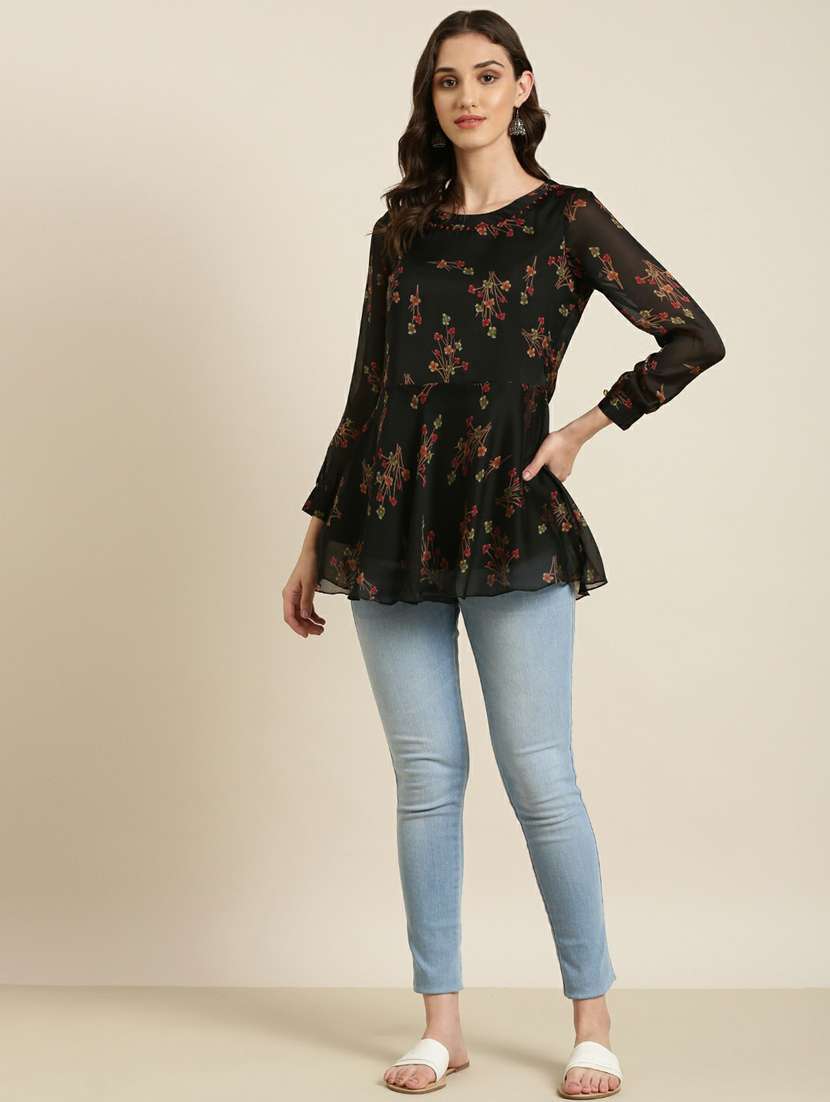 women black round neck floral a-line kurti - 20251199 - Standard Image - 3
