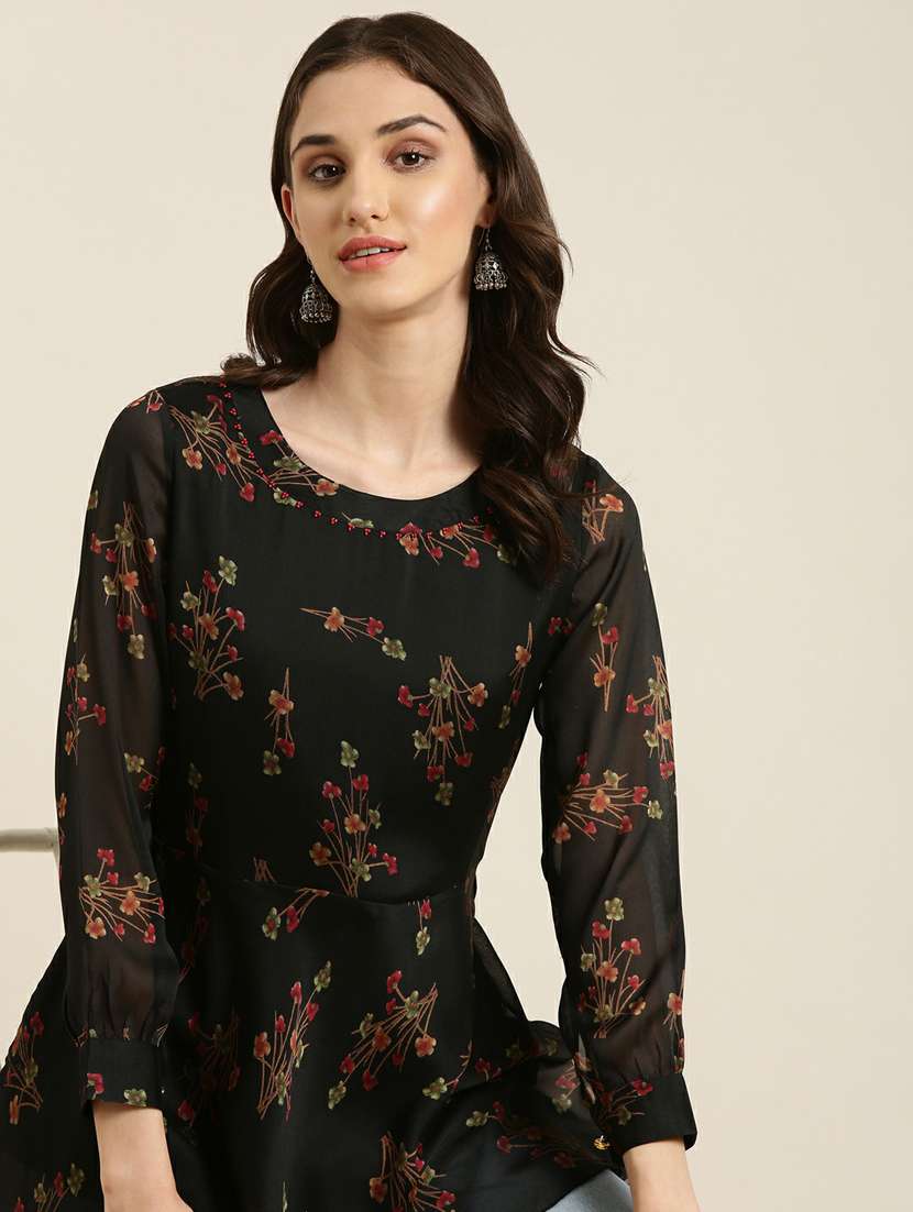 women black round neck floral a-line kurti - 20251199 - Standard Image - 5