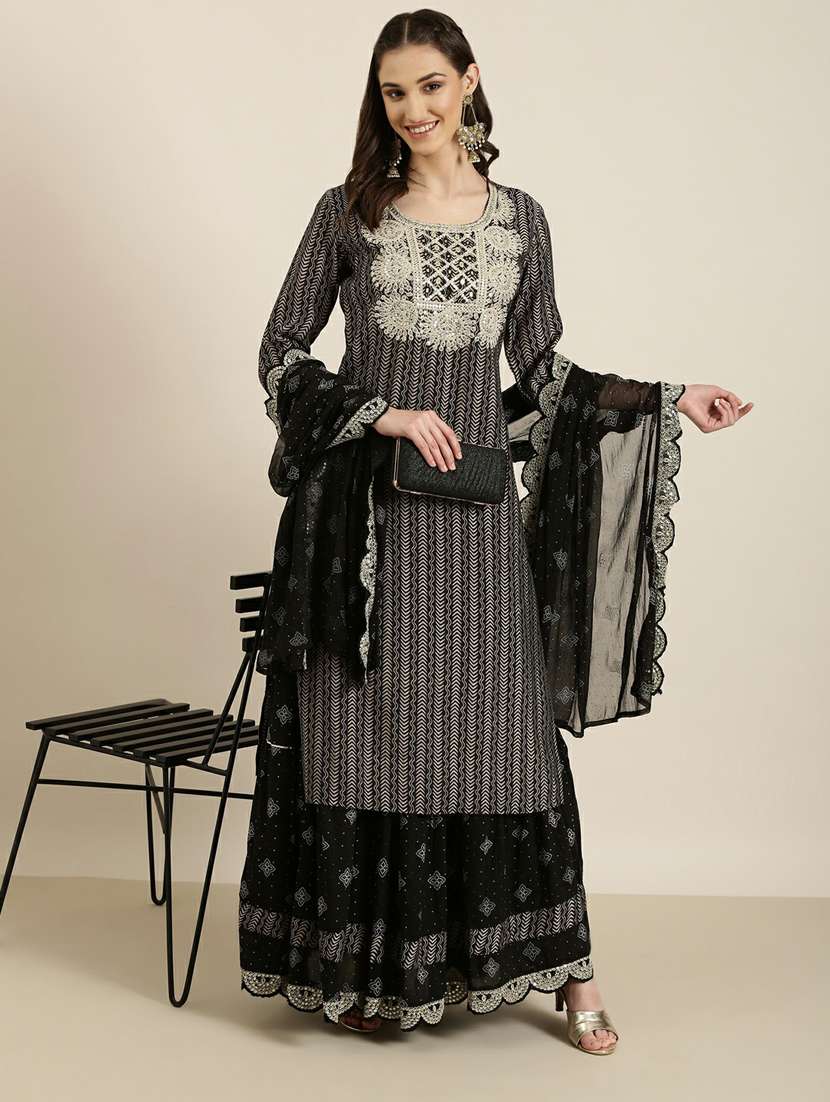 women black printed kurta skirt set with dupatta - 20251234 -  Standard Image - 3