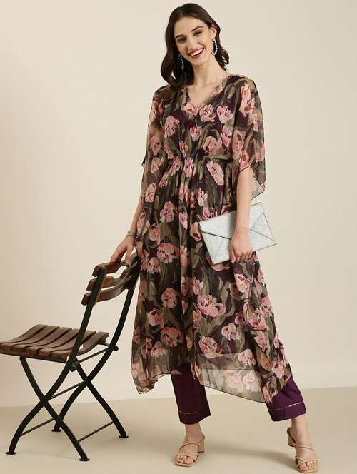 women floral printed v neck kaftan set - 20251260 -  Standard Image - 0