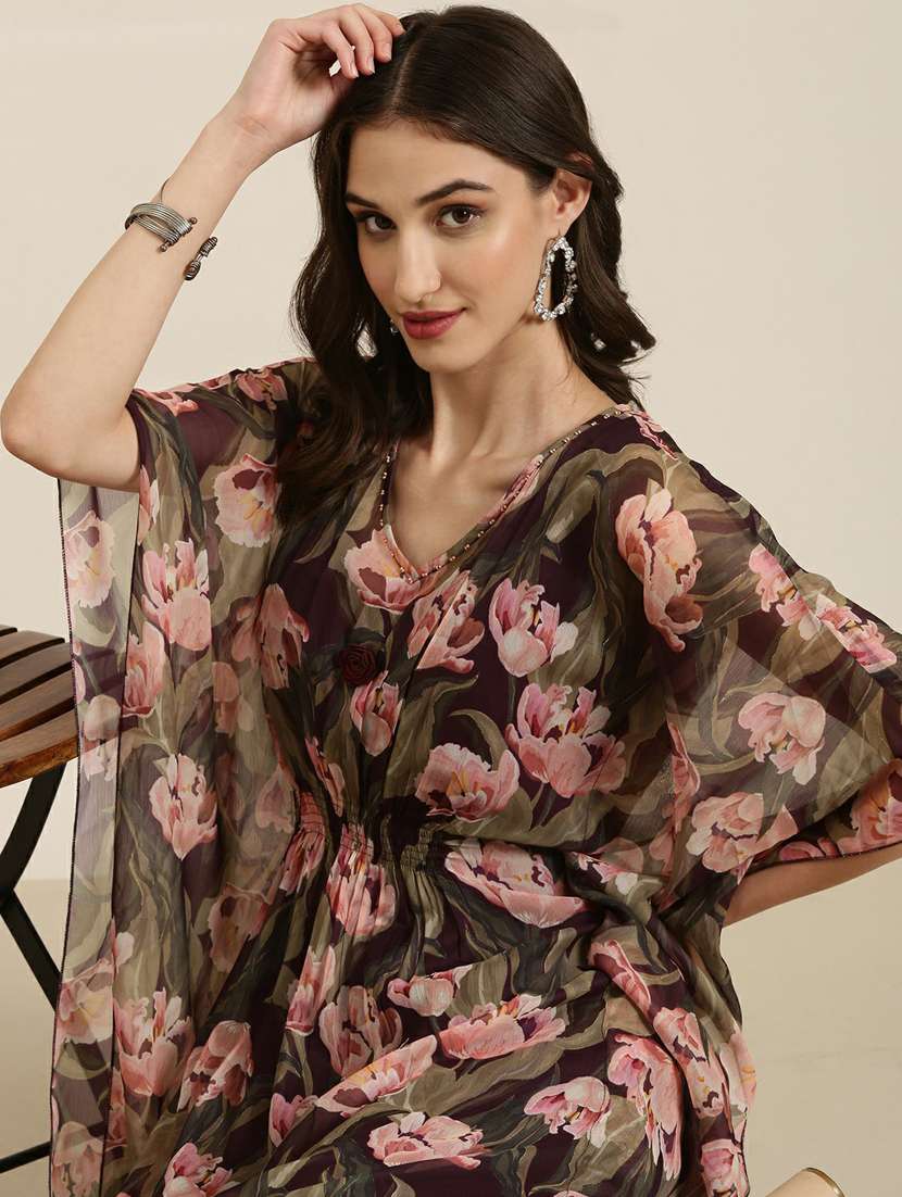 women floral printed v neck kaftan set - 20251260 - Standard Image - 5