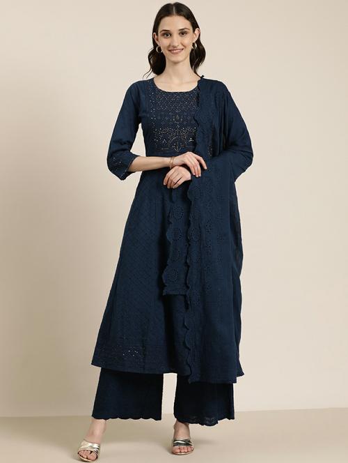women navy blue kurta palazzo set with dupatta - 20251283 - Standard Image - 0