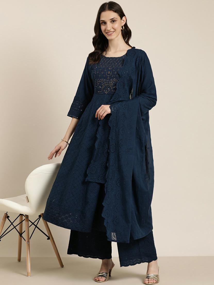 women navy blue kurta palazzo set with dupatta - 20251283 - Standard Image - 3