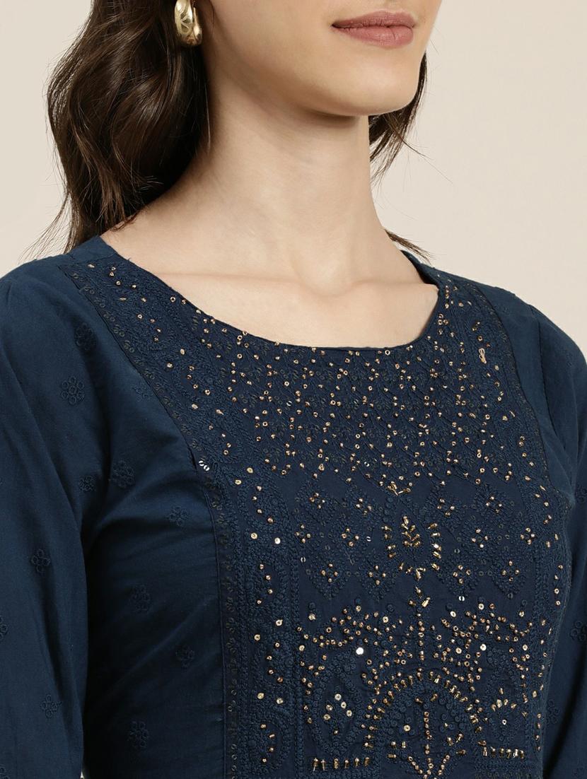 women navy blue kurta palazzo set with dupatta - 20251283 - Standard Image - 5