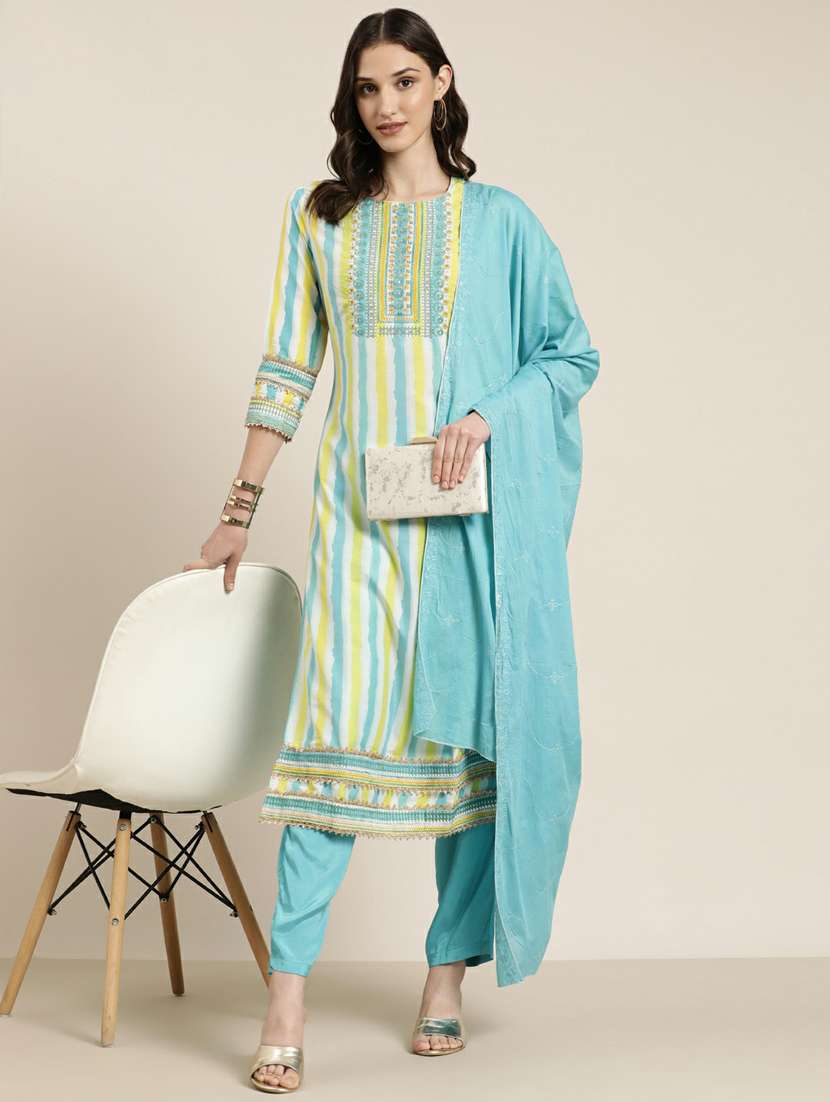 women stripes kurta pant set with dupatta