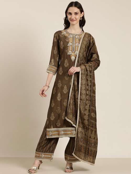 women brown printed kurta palazzo set with dupatta - 20251305 -  Standard Image - 0