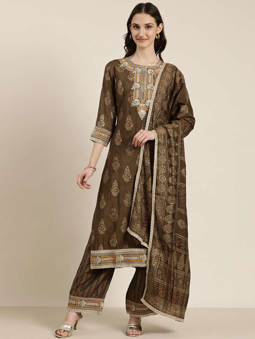 women brown printed kurta palazzo set with dupatta - 20251305 -  Zoom Image - 0