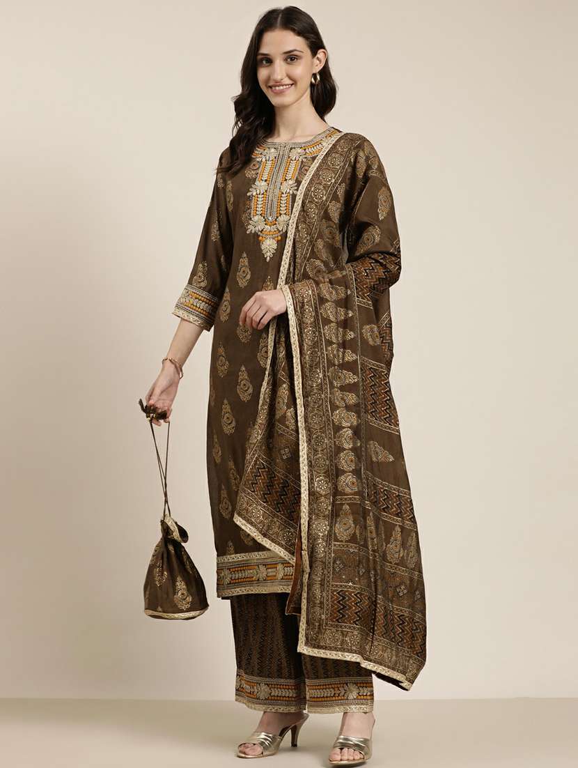 women brown printed kurta palazzo set with dupatta - 20251305 -  Standard Image - 3