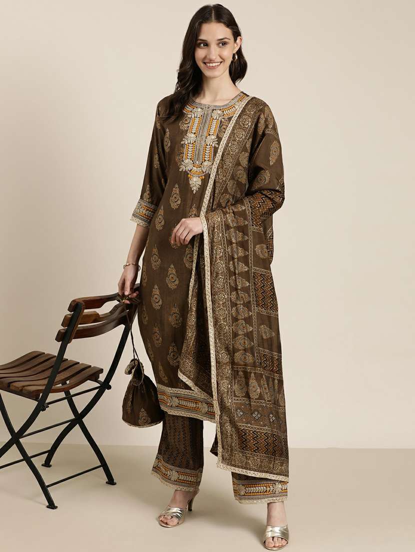 women brown printed kurta palazzo set with dupatta - 20251305 -  Standard Image - 5
