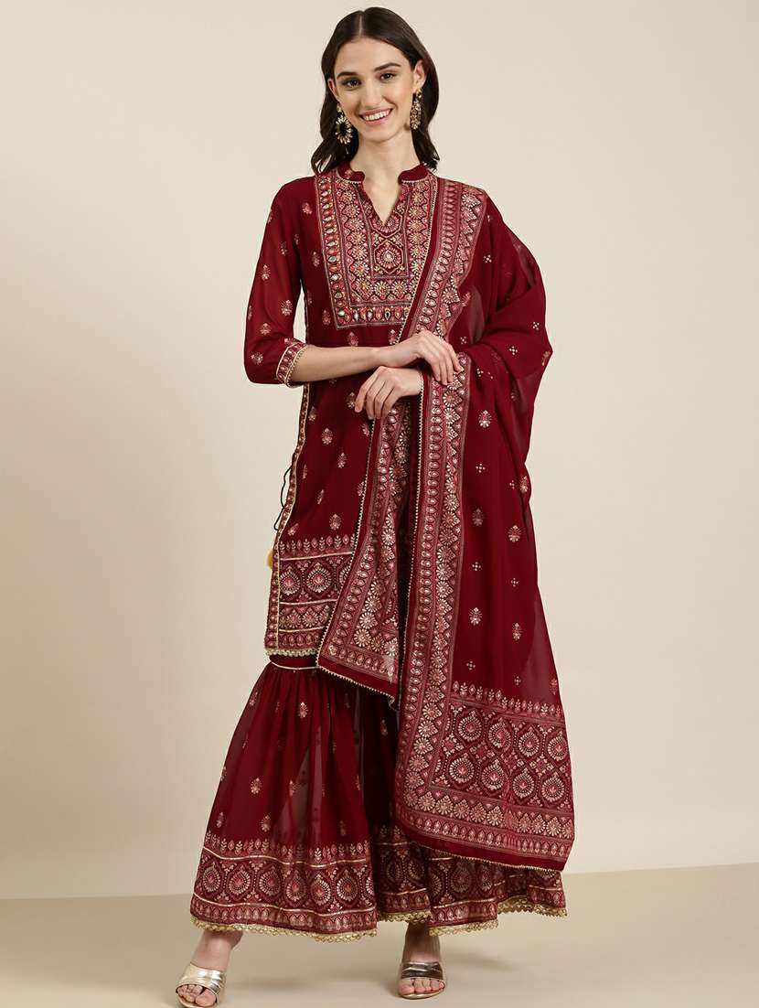 women embroidered kurta sharara set with dupatta - 20251346 -  Zoom Image - 0