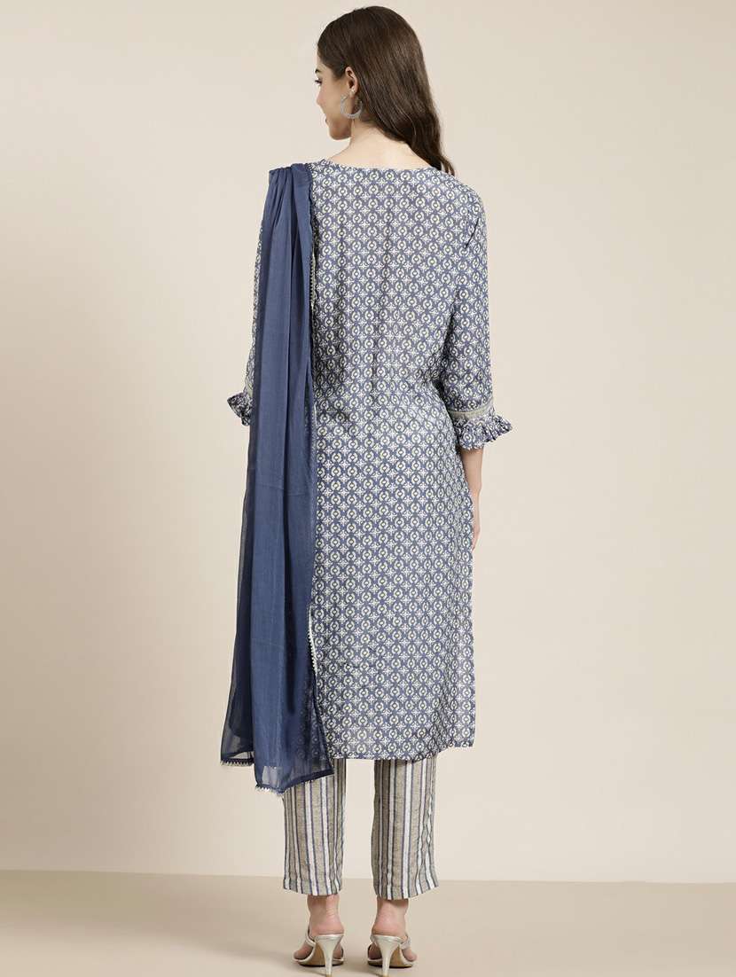 women block print round neck kurta pant set with dupatta - 20251367 -  Standard Image - 3