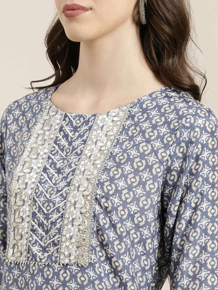 women block print round neck kurta pant set with dupatta - 20251367 -  Standard Image - 5