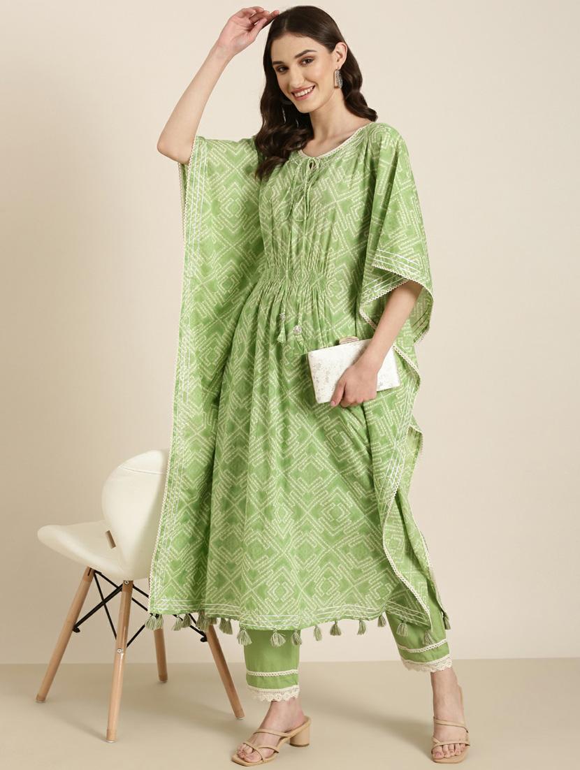 women green printed tie-up neck kaftan set - 20251398 - Standard Image - 3