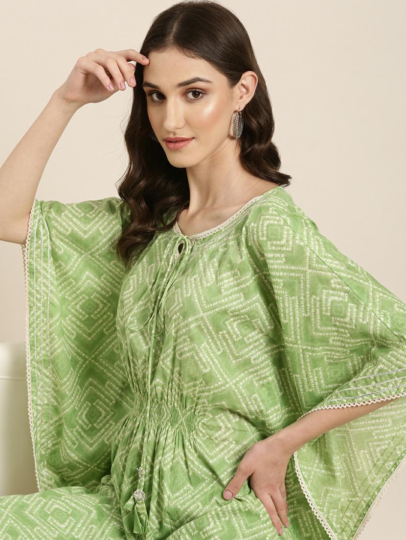women green printed tie-up neck kaftan set - 20251398 - Standard Image - 5