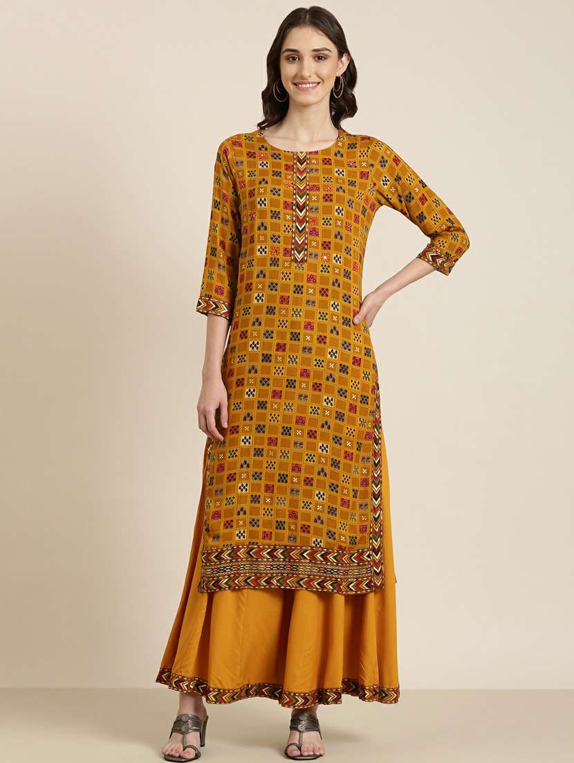 women mustard printed round neck kurta palazzo set