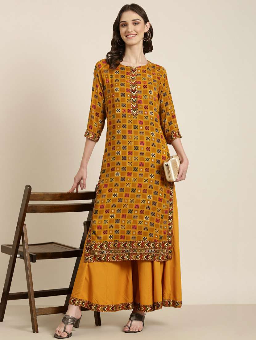 women mustard printed round neck kurta palazzo set - 20251401 -  Standard Image - 3