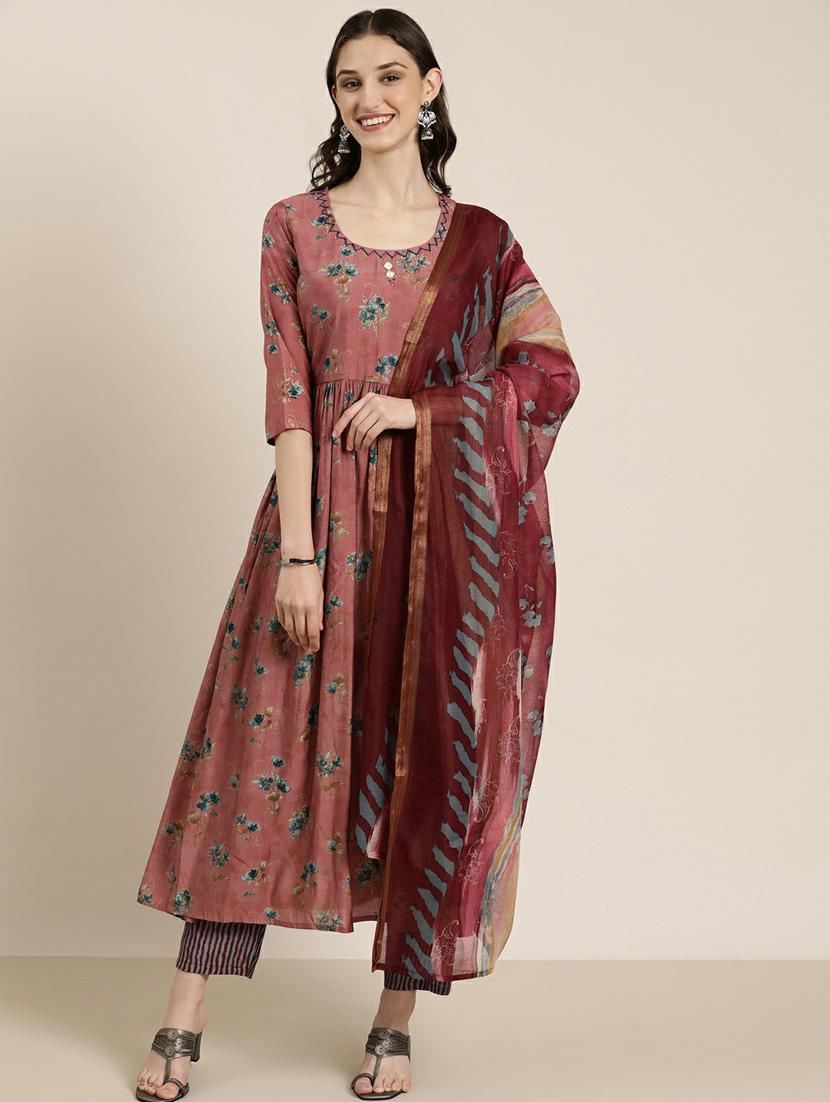women three quarter sleeve anarkali kurta pant with dupatta set - 20251414 -  Zoom Image - 0