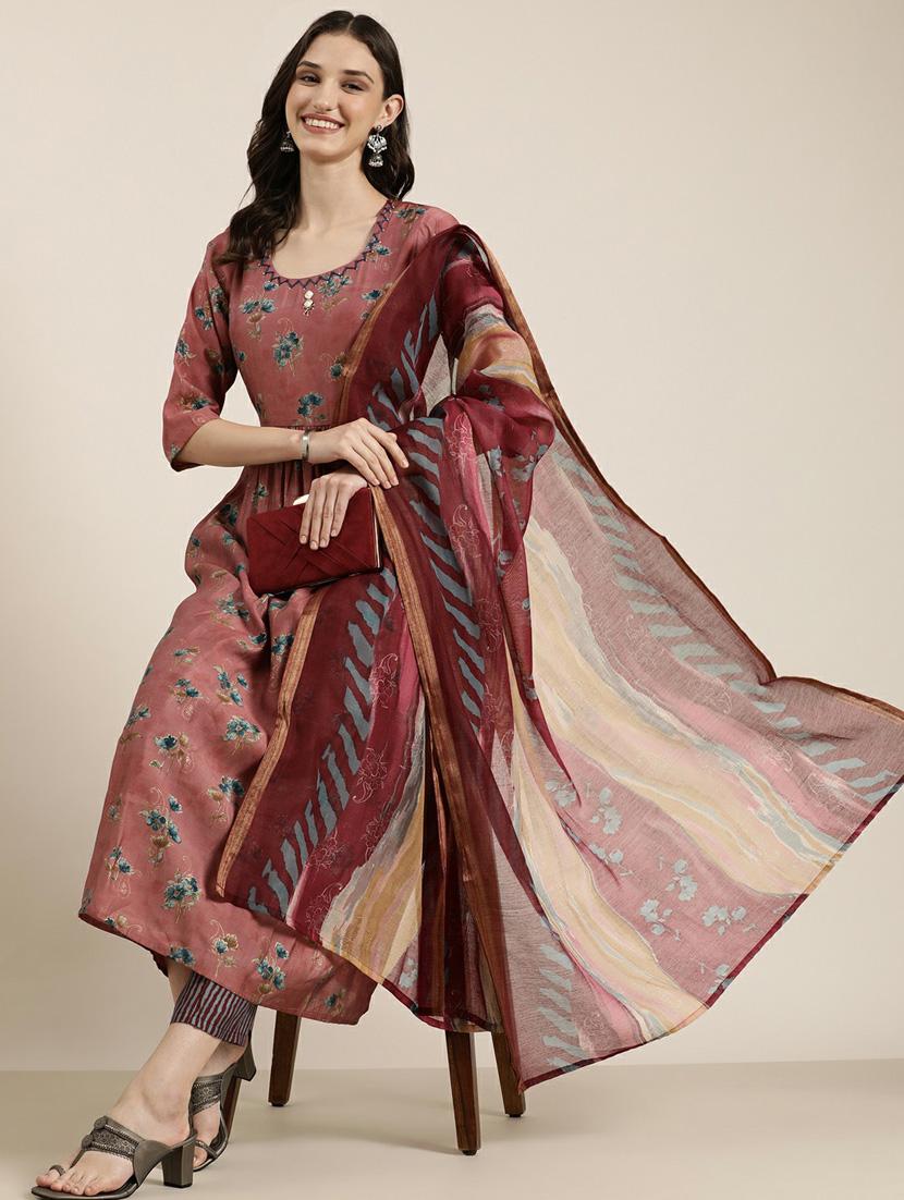 women three quarter sleeve anarkali kurta pant with dupatta set - 20251414 - Standard Image - 3