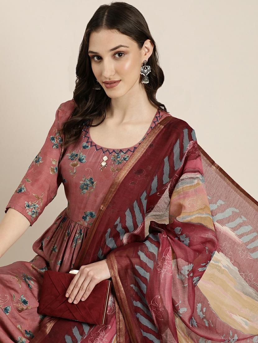 women three quarter sleeve anarkali kurta pant with dupatta set - 20251414 - Standard Image - 5