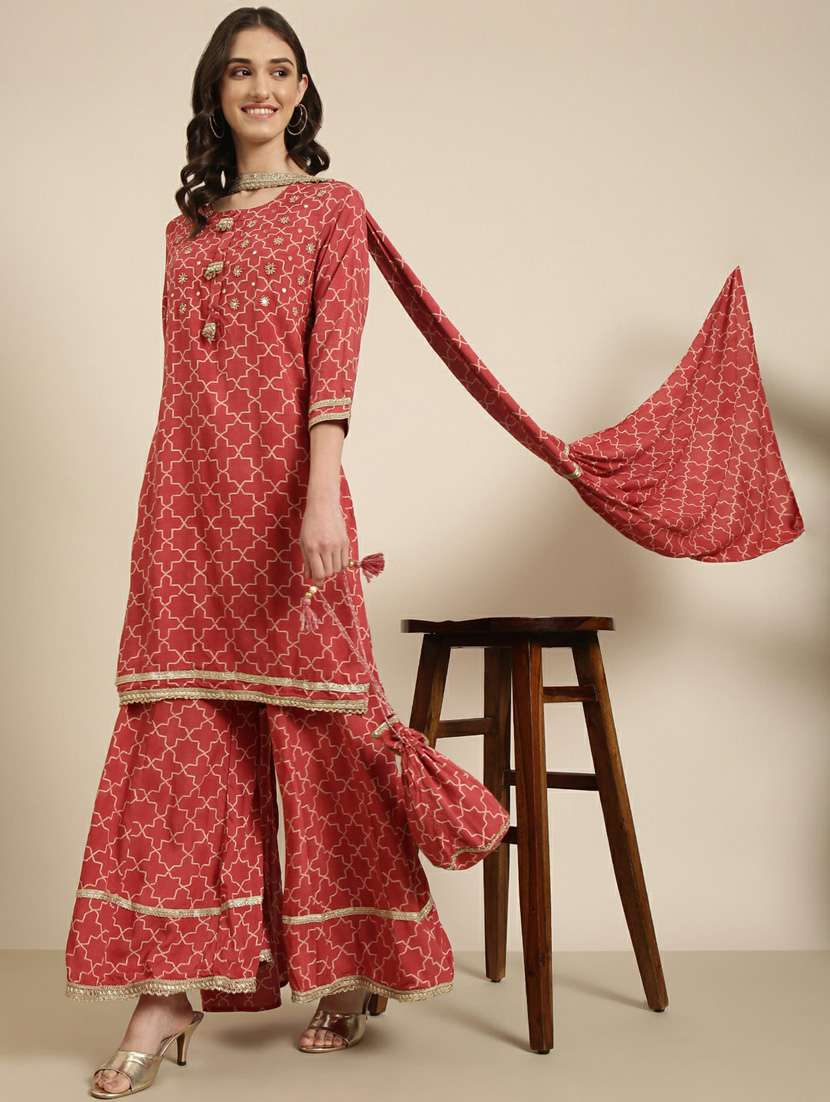 women geometric kurta sharara set with dupatta