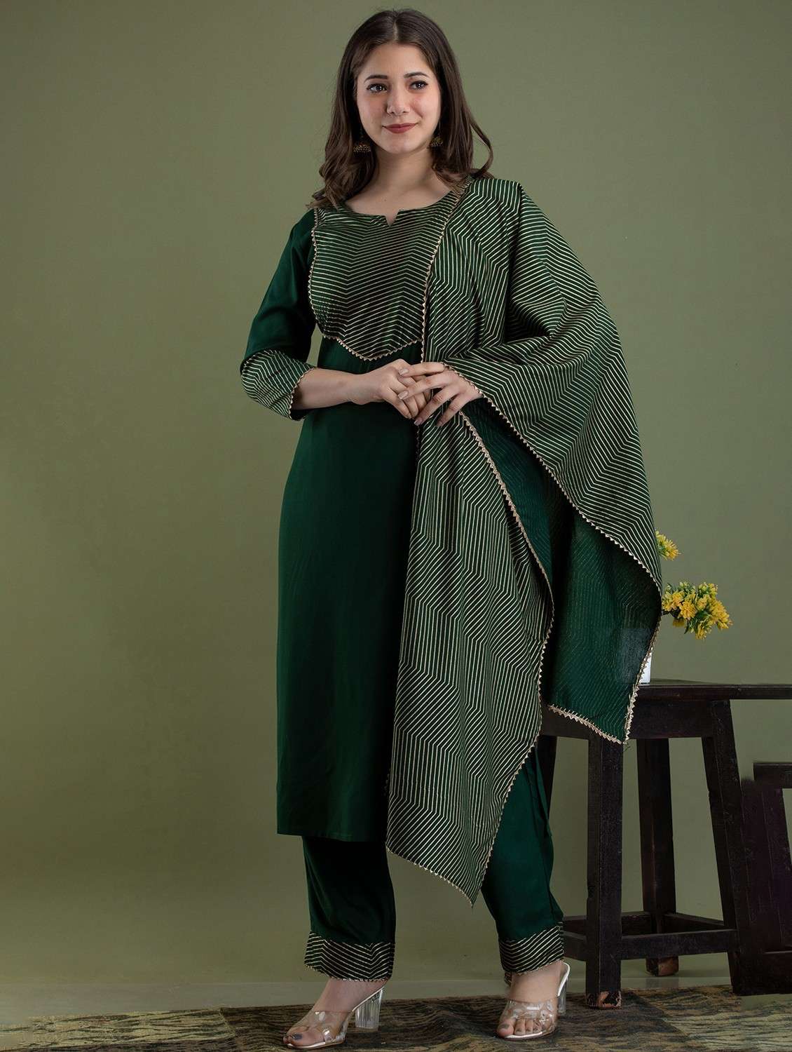 bottle green colored kurta pant set - 20252119 - Zoom Image - 0