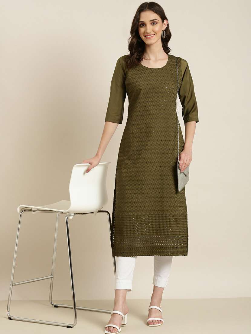 olive embroidered cotton straight kurta - 20252224 -  Standard Image - 3