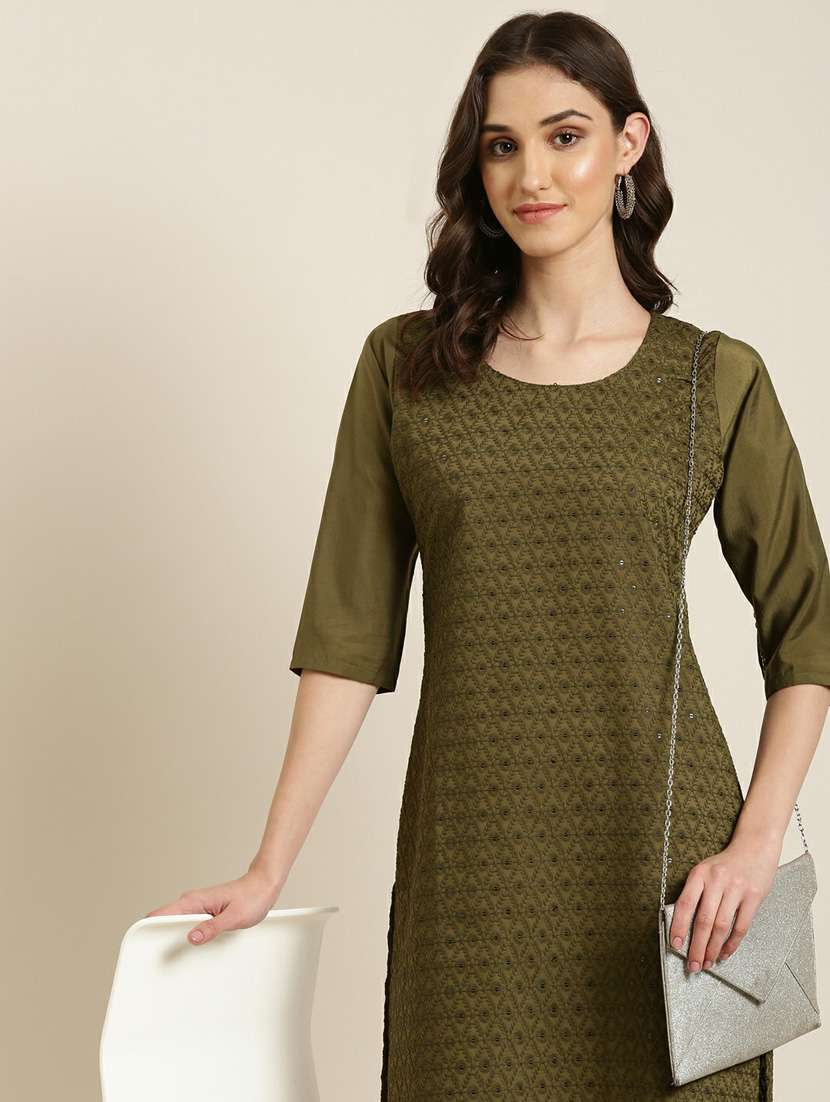 olive embroidered cotton straight kurta - 20252224 -  Standard Image - 5