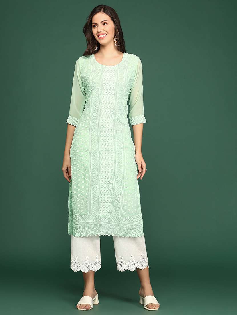 green embroidered georgette straight kurta - 20252225 -  Zoom Image - 0