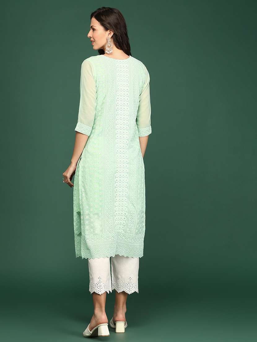 green embroidered georgette straight kurta - 20252225 -  Standard Image - 3