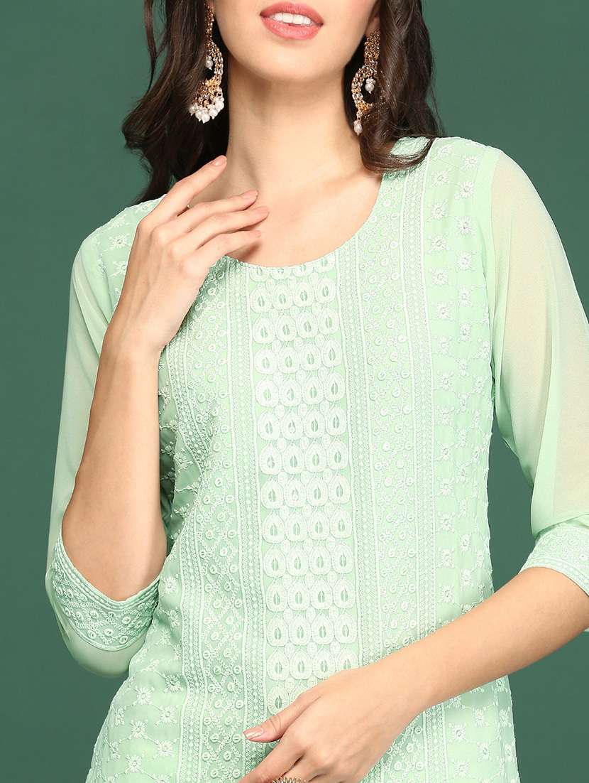 green embroidered georgette straight kurta - 20252225 -  Standard Image - 5