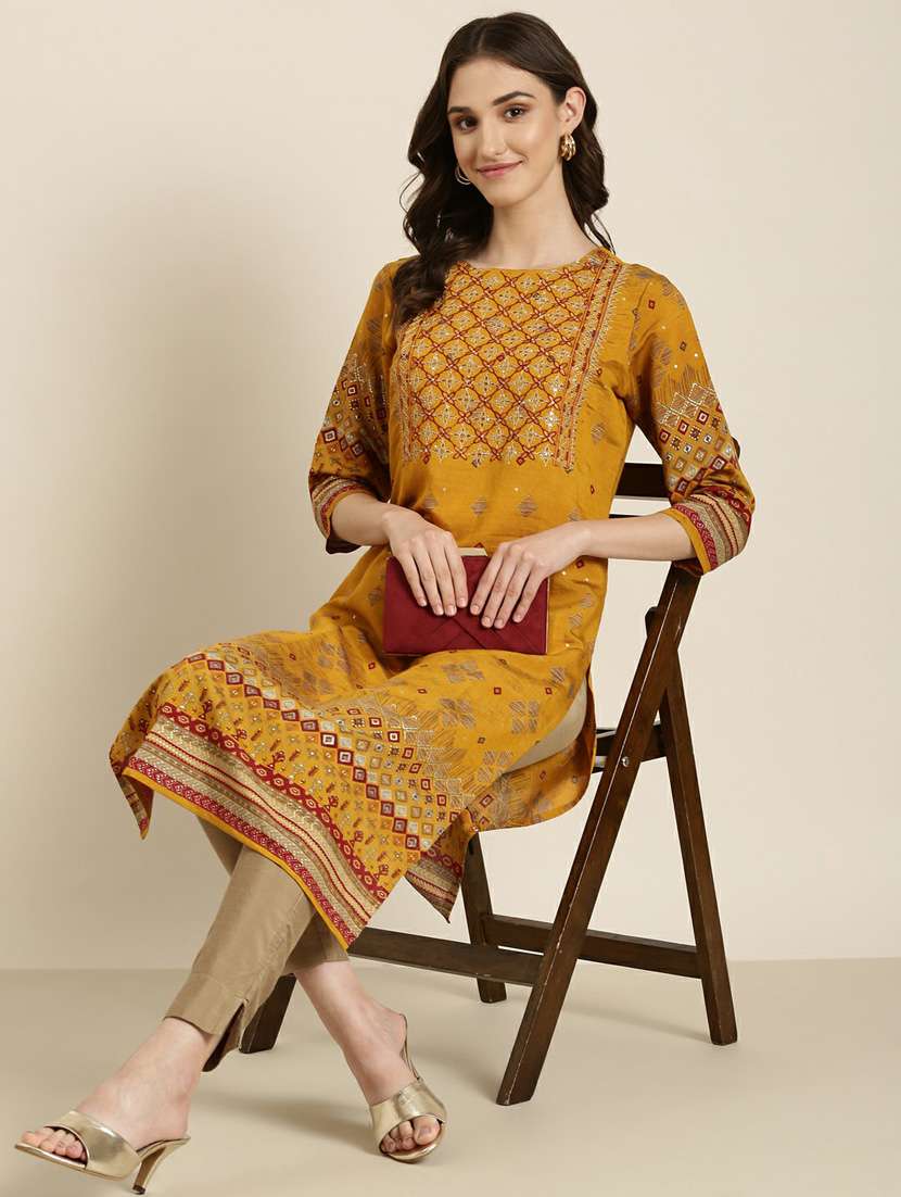 mustard yoke embroidered straight kurta - 20252226 -  Standard Image - 3