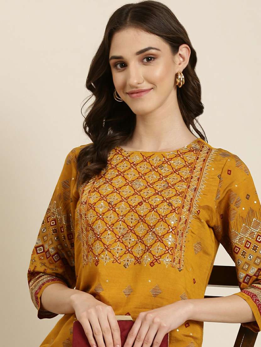 mustard yoke embroidered straight kurta - 20252226 -  Standard Image - 5