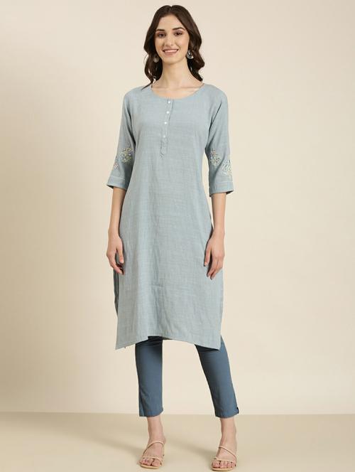 women's grey round neck straight kurta - 20252229 - Standard Image - 0