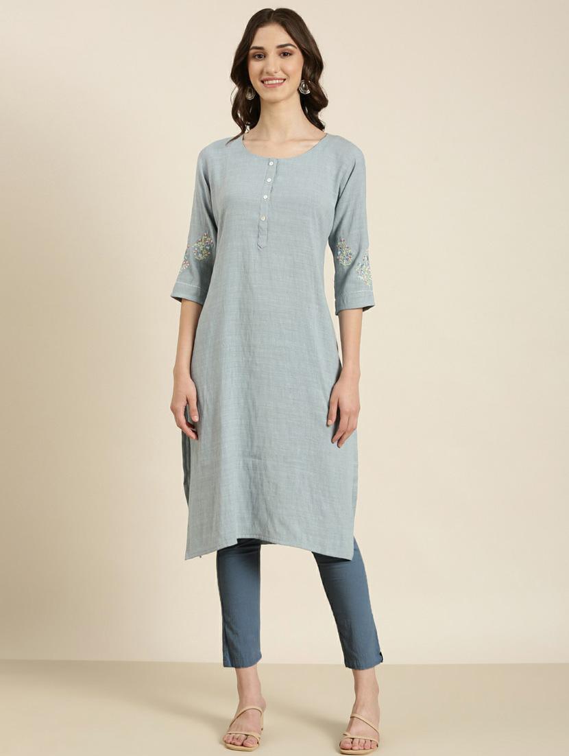 women's grey round neck straight kurta - 20252229 - Zoom Image - 0