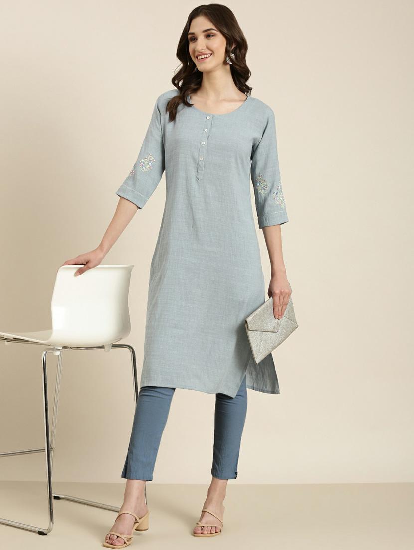 women's grey round neck straight kurta - 20252229 - Standard Image - 3