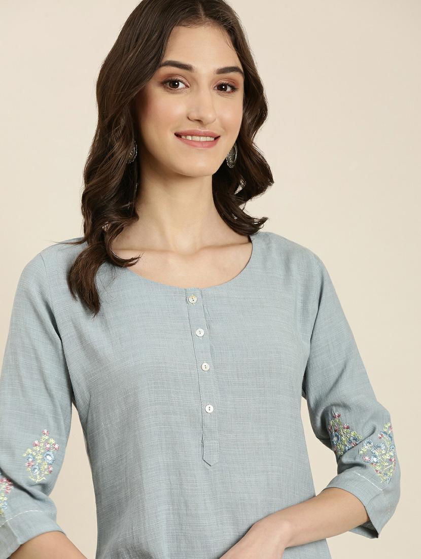 women's grey round neck straight kurta - 20252229 - Standard Image - 5