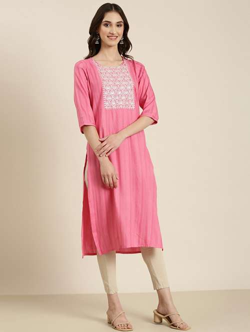 women's pink round neck straight kurta - 20252234 -  Standard Image - 0