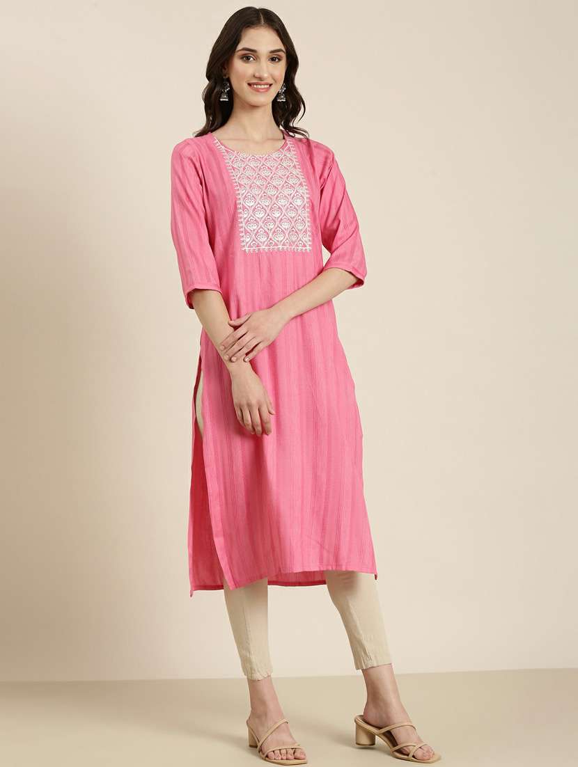 women's pink round neck straight kurta - 20252234 -  Zoom Image - 0