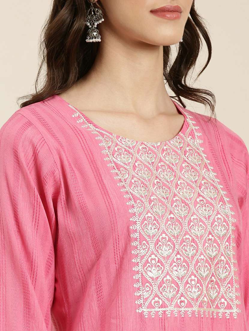 women's pink round neck straight kurta - 20252234 -  Standard Image - 3