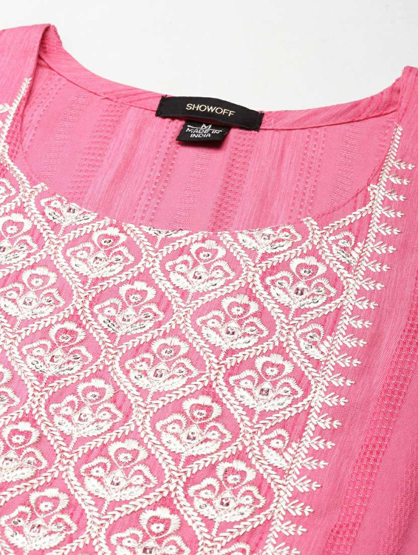 women's pink round neck straight kurta - 20252234 -  Standard Image - 5