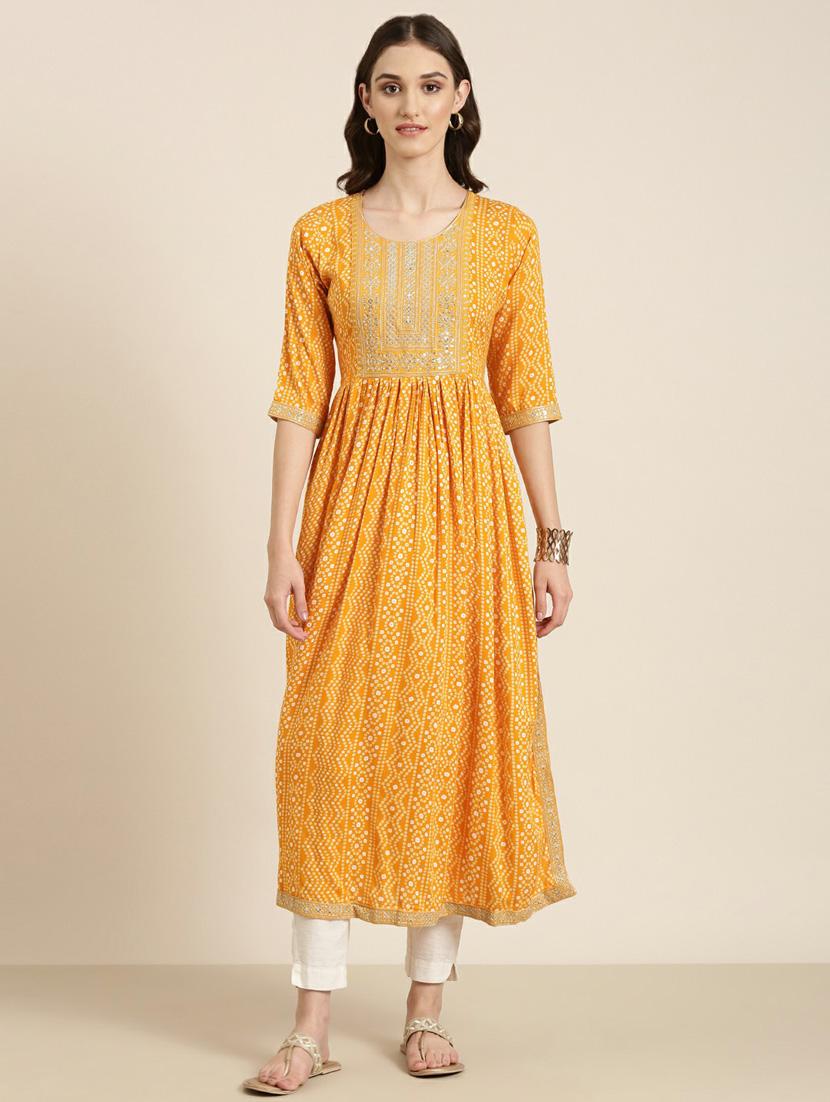 women's mustard round neck anarkali kurta - 20252236 -  Zoom Image - 0