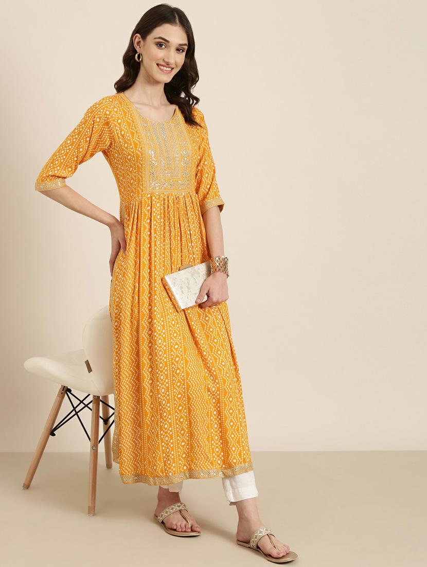 women's mustard round neck anarkali kurta - 20252236 - Standard Image - 3