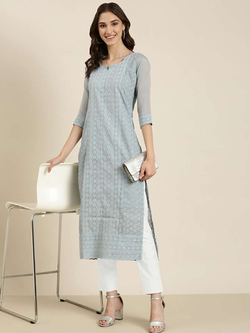 women's grey notch neck straight kurta - 20252246 -  Standard Image - 3