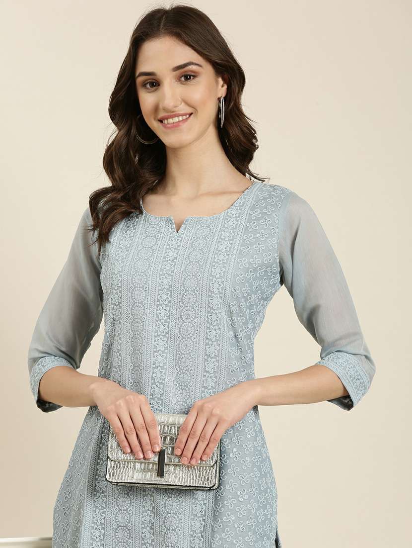 women's grey notch neck straight kurta - 20252246 -  Standard Image - 5