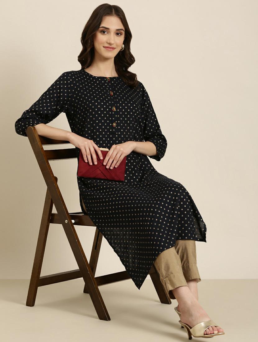 women's black round neck straight kurta - 20252248 - Standard Image - 3