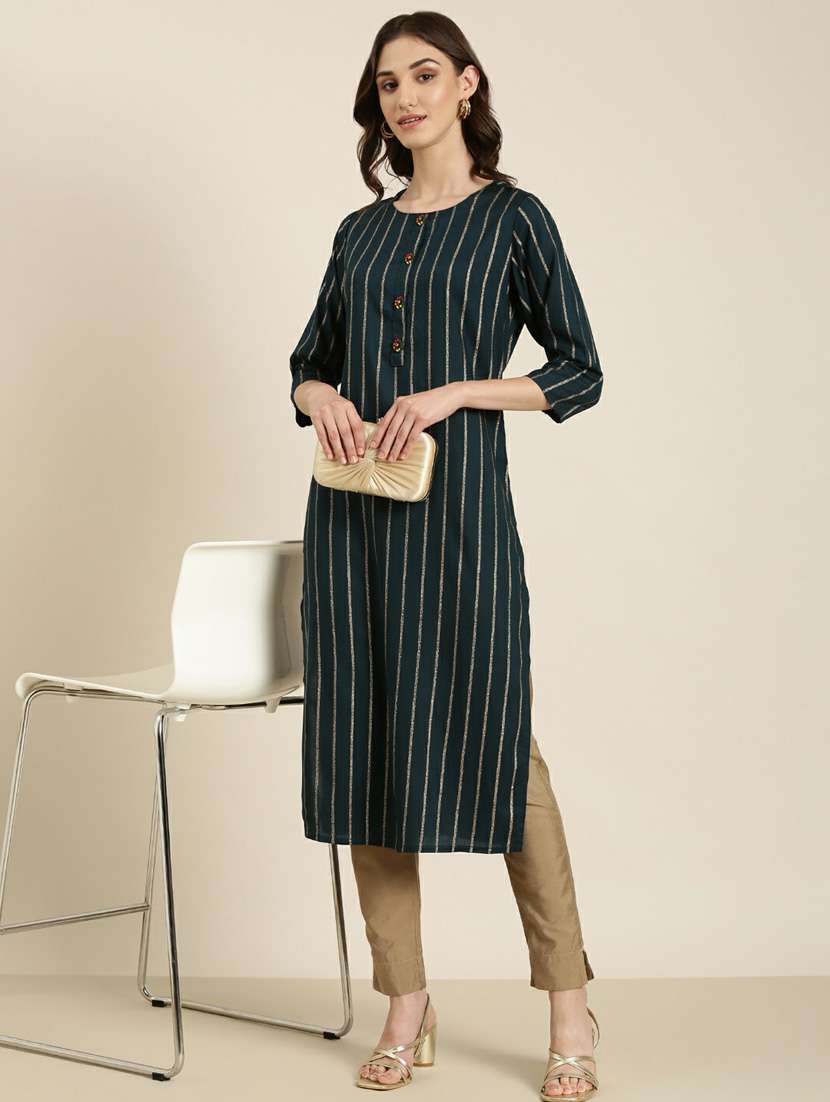 women's teal round neck straight kurta - 20252249 - Standard Image - 3
