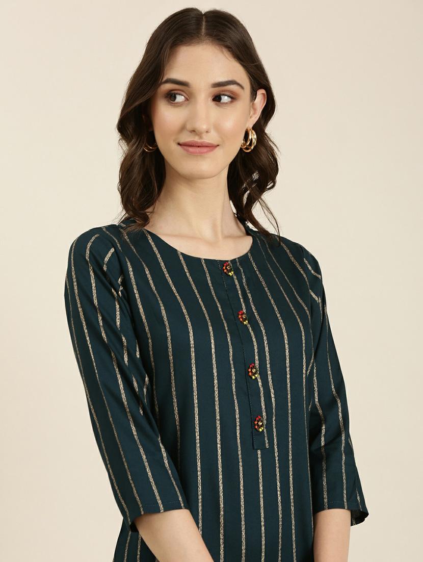 women's teal round neck straight kurta - 20252249 - Standard Image - 5