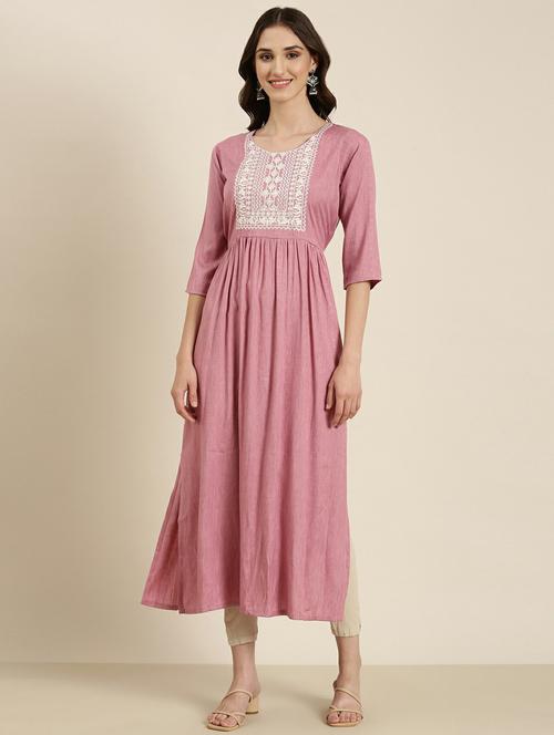 women's pink round neck flared kurta - 20252250 - Standard Image - 0